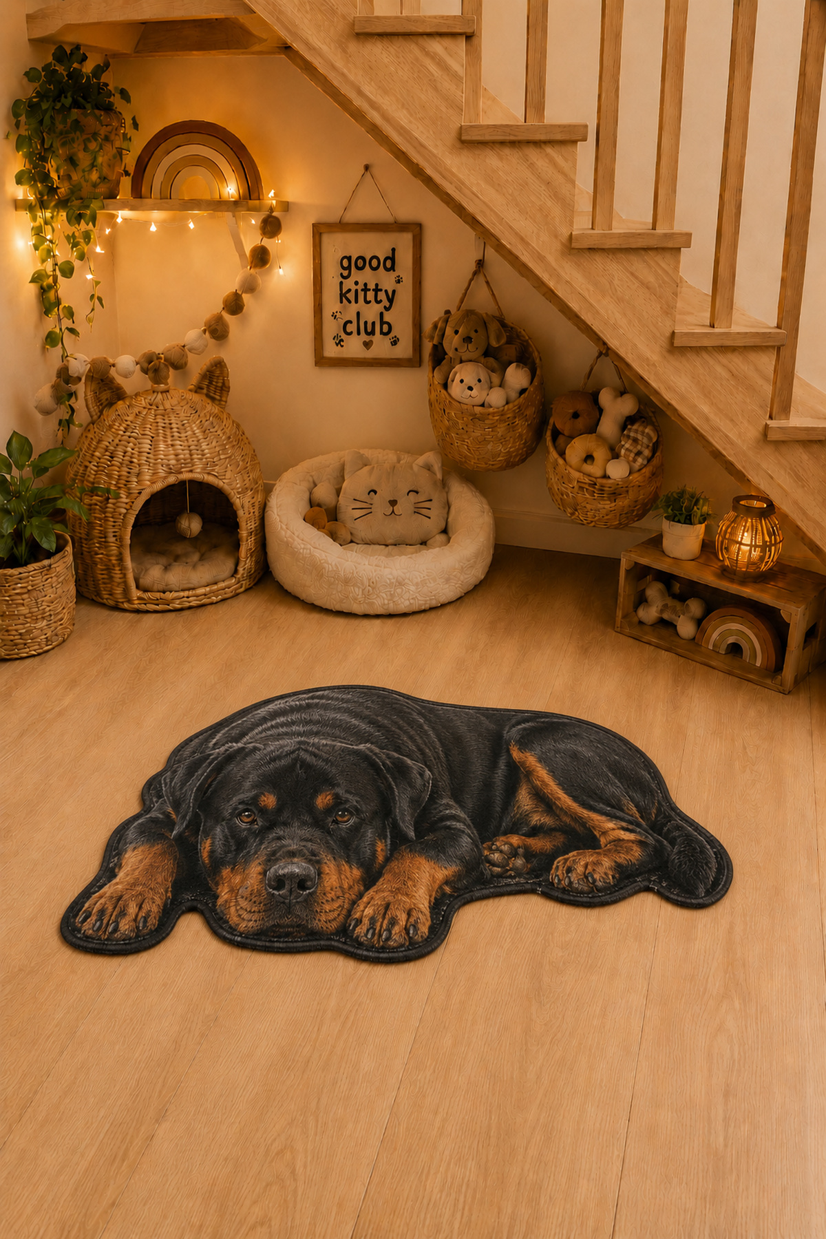 Yatan Rottweiler Figürlü Mama Paspası Dijital Baskı Kaymaz Taban Yıkanabilir Halı – Farklı Ölçü Seçenekleri - oda mock-up görseli