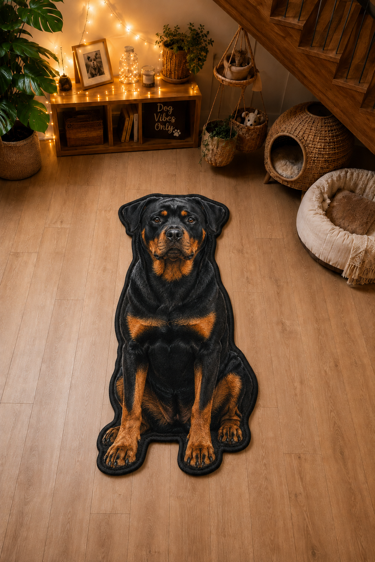 Oturan Rottweiler Figürlü Mama Paspası Dijital Baskı Kaymaz Taban Yıkanabilir Halı – Farklı Ölçü Seçenekleri - oda mock-up görseli