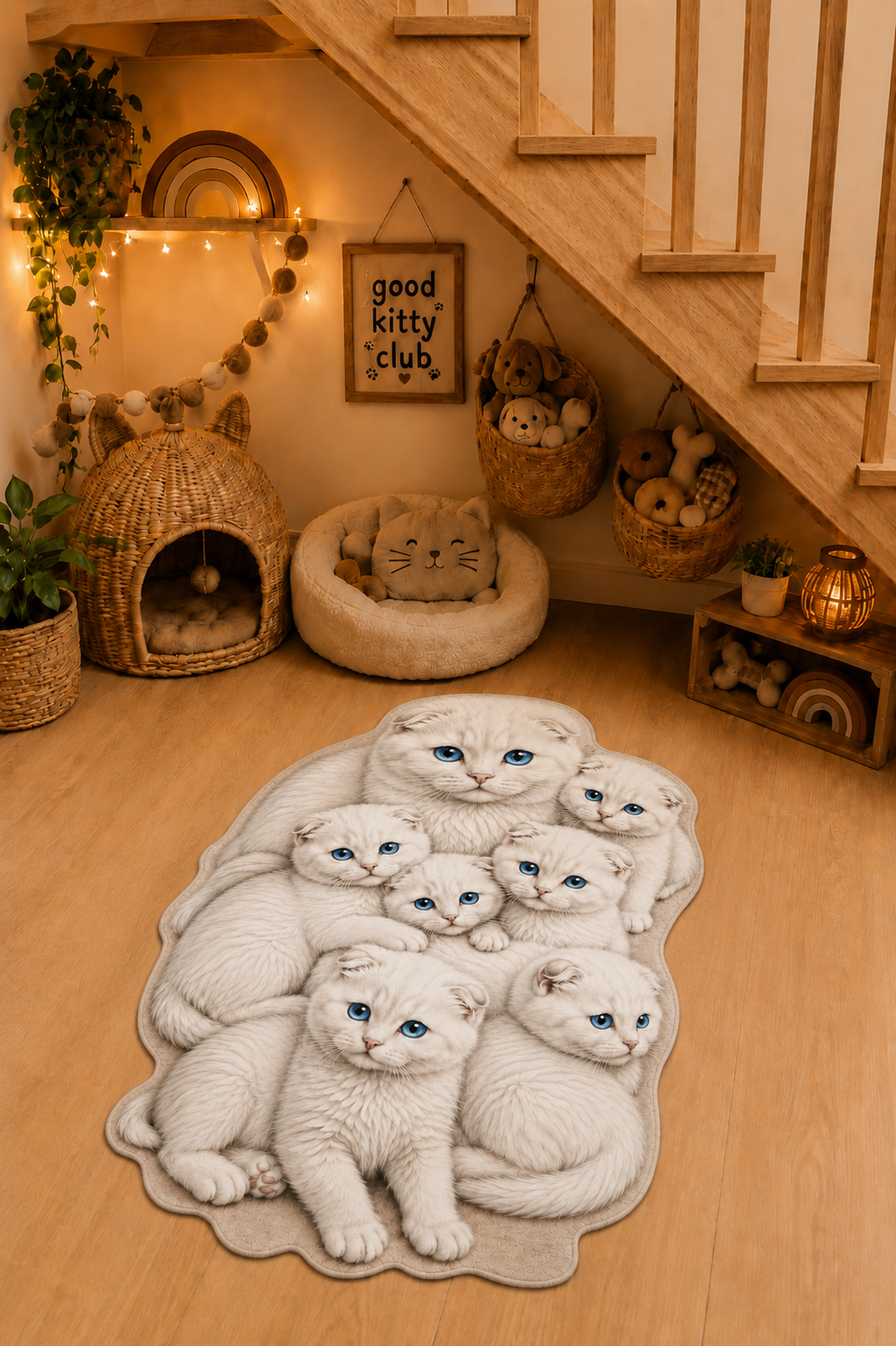Beyaz Scottish Fold Anne ve Yavruları Figürlü Mama Paspası Dijital Baskı Kaymaz Taban Yıkanabilir Halı – Farklı Ölçü Seçenekleri - oda mock-up görseli 1