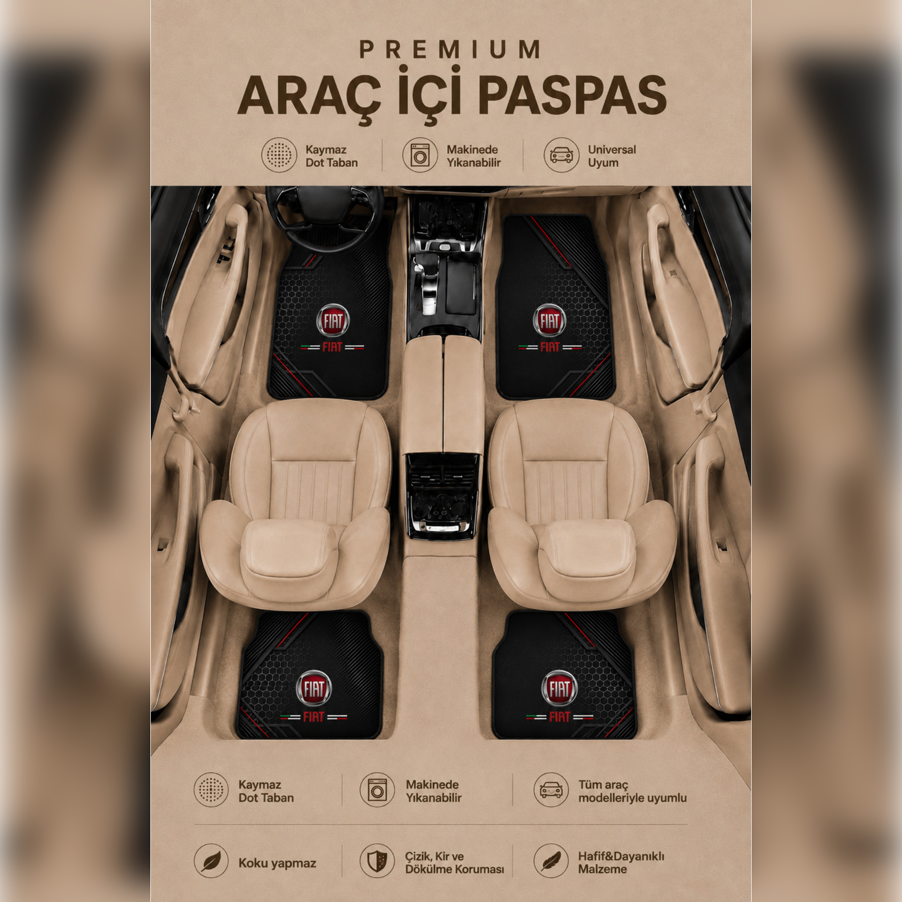 Fiat Temalı Universal Premium Araç İçi Oto Paspası 4'lü Set – Tüm Araç Modellerine Uygun – Kaymaz DOT Taban