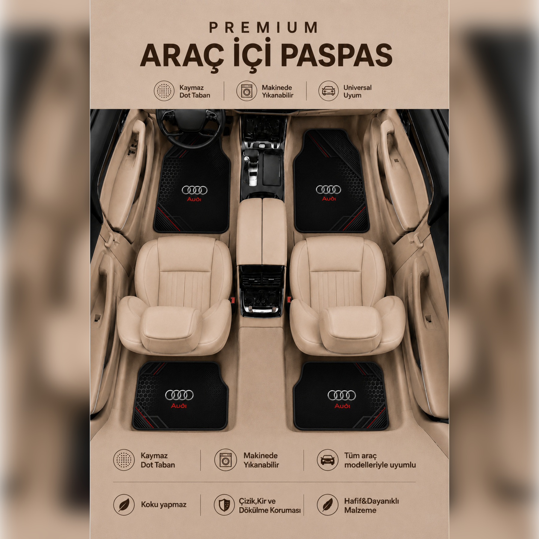 Audi Tasarımlı Universal Premium Araç İçi Oto Paspası 4'lü Set – Tüm Araç Modellerine Uyumlu-Kaymaz DOT Taban