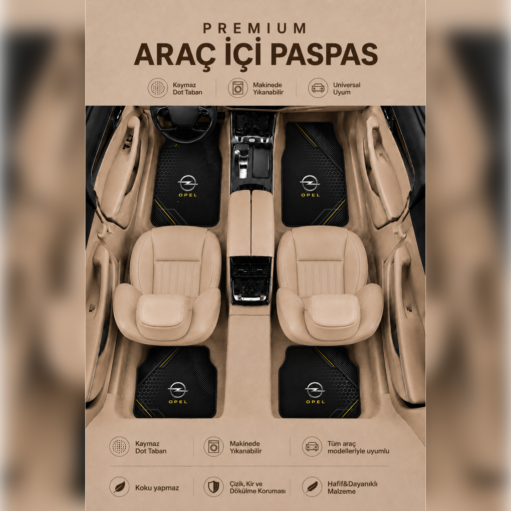 Opel Uyumlu Universal Premium Araç İçi Oto Paspası 4'lü Set – Tüm Araç Modellerine Uygun – Kaymaz DOT Taban