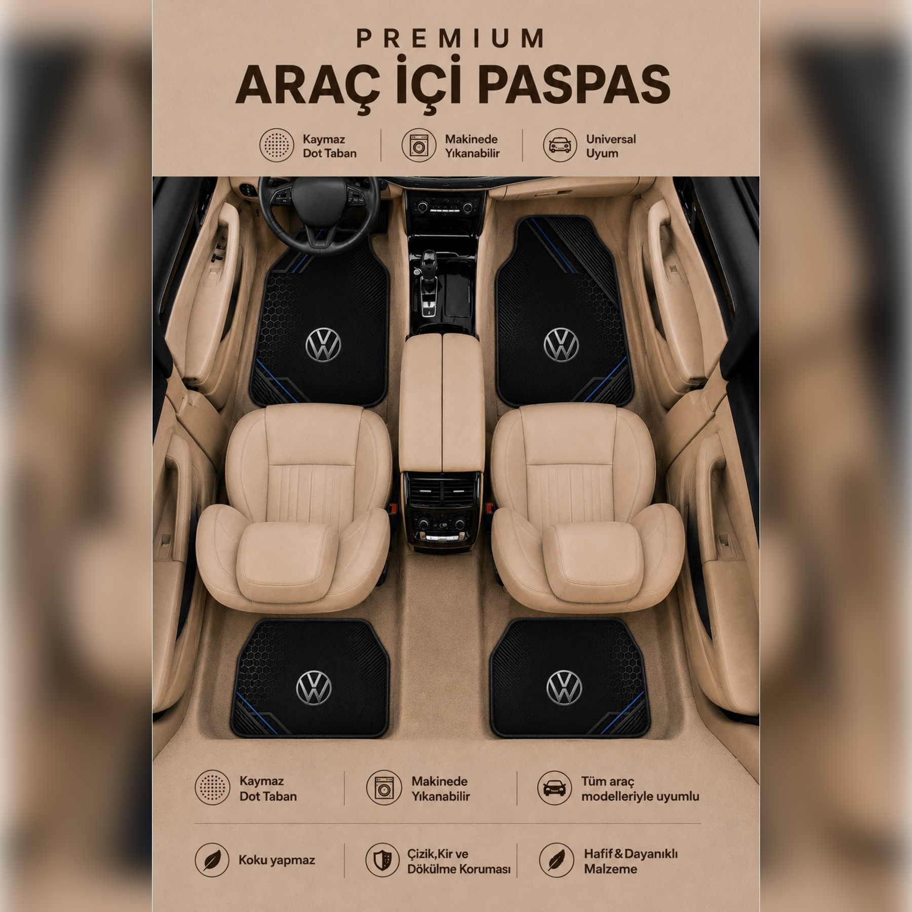 Volkswagen Tasarımlı Universal Premium Araç İçi Oto Paspası 4'lü Set – Tüm Araç Modellerine Uyumlu-Kaymaz DOT Taban