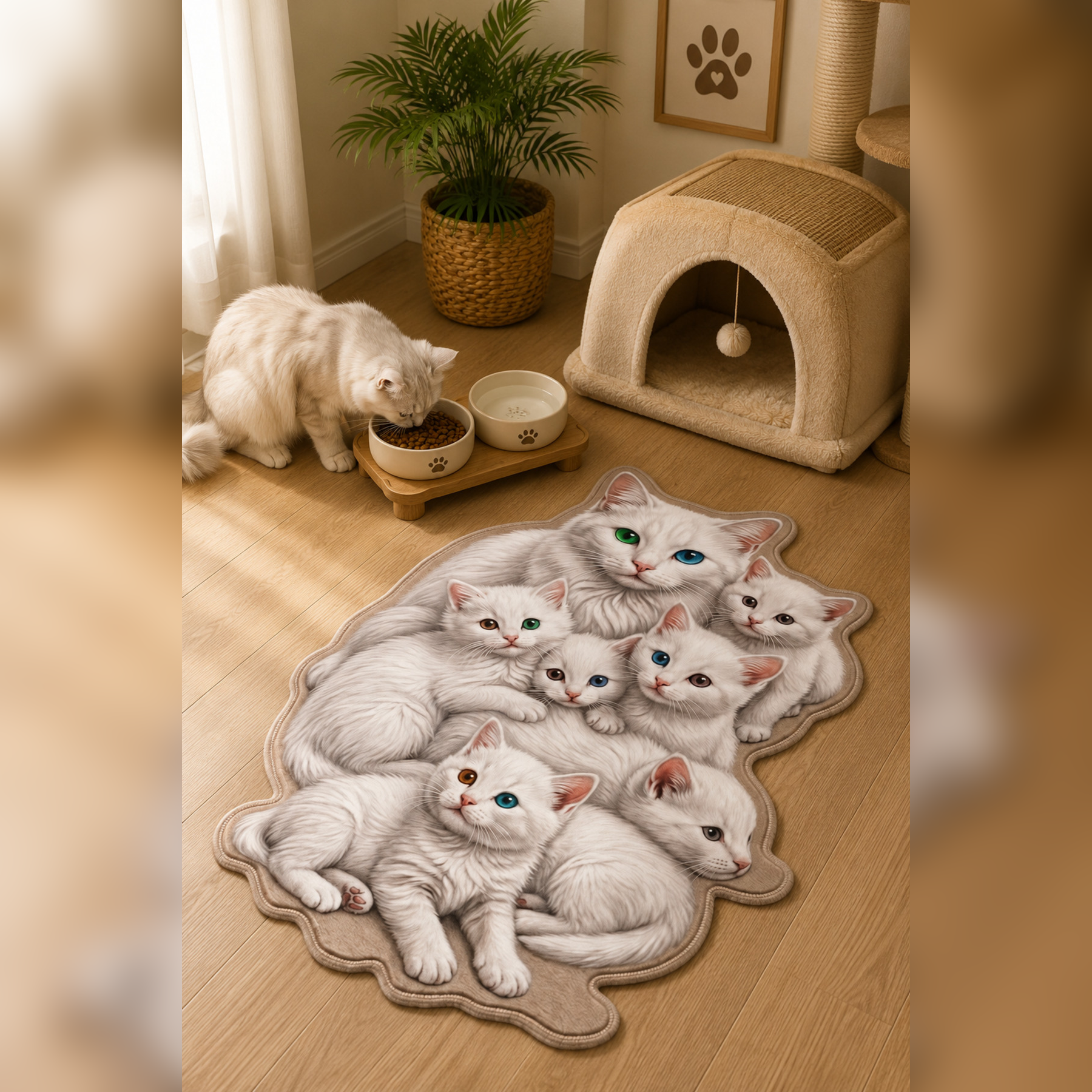 Dijital Baskılı Kaymaz Taban Yıkanabilir Renkli Kedi figürlü asimetrik kesim evcil hayvan mama paspası 60x90cm