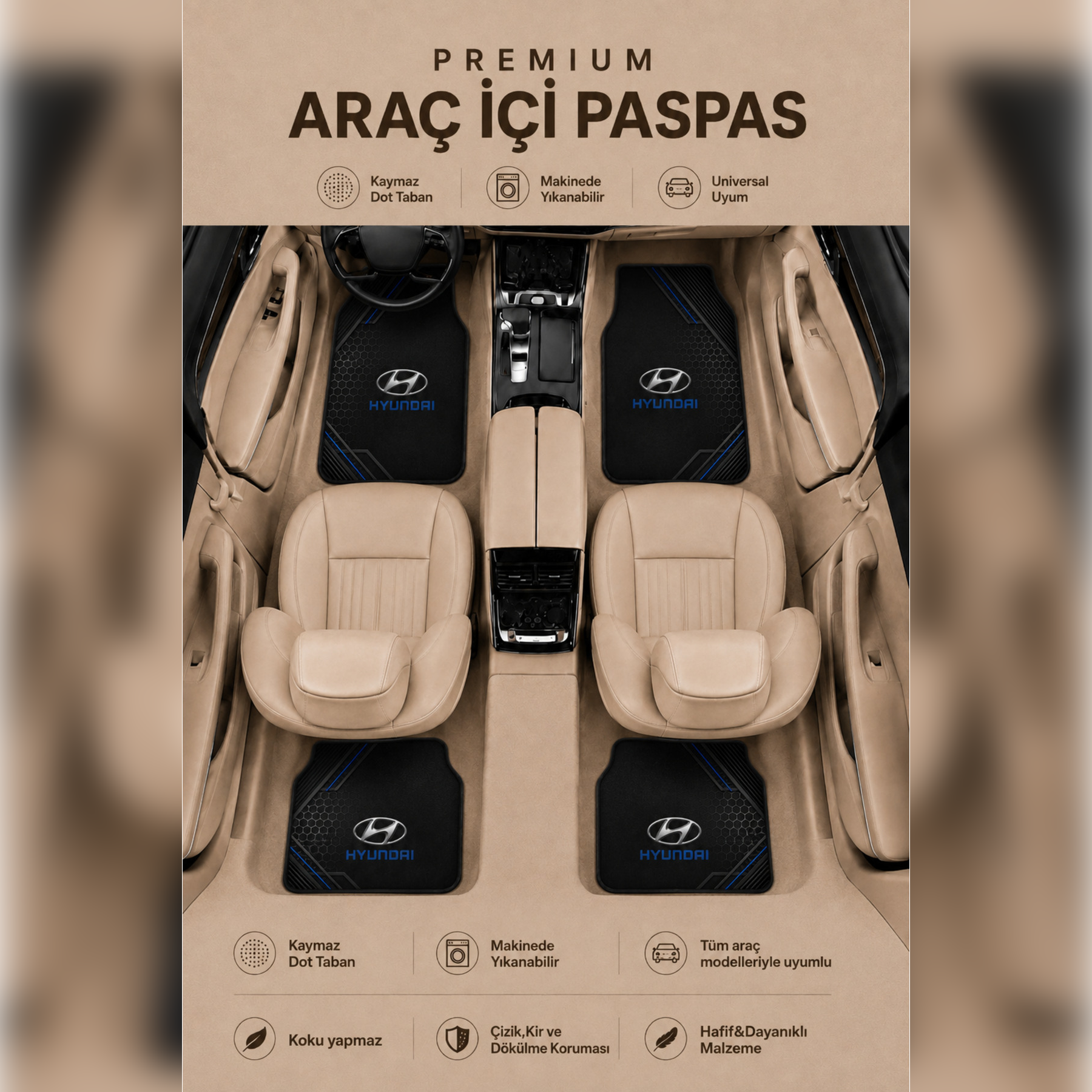 Hyundai Tasarımlı Universal Premium Araç İçi Oto Paspası 4'lü Set – Kaymaz DOT TabanTüm Araç Modellerine Uyumlu-Kaymaz DOT Taban