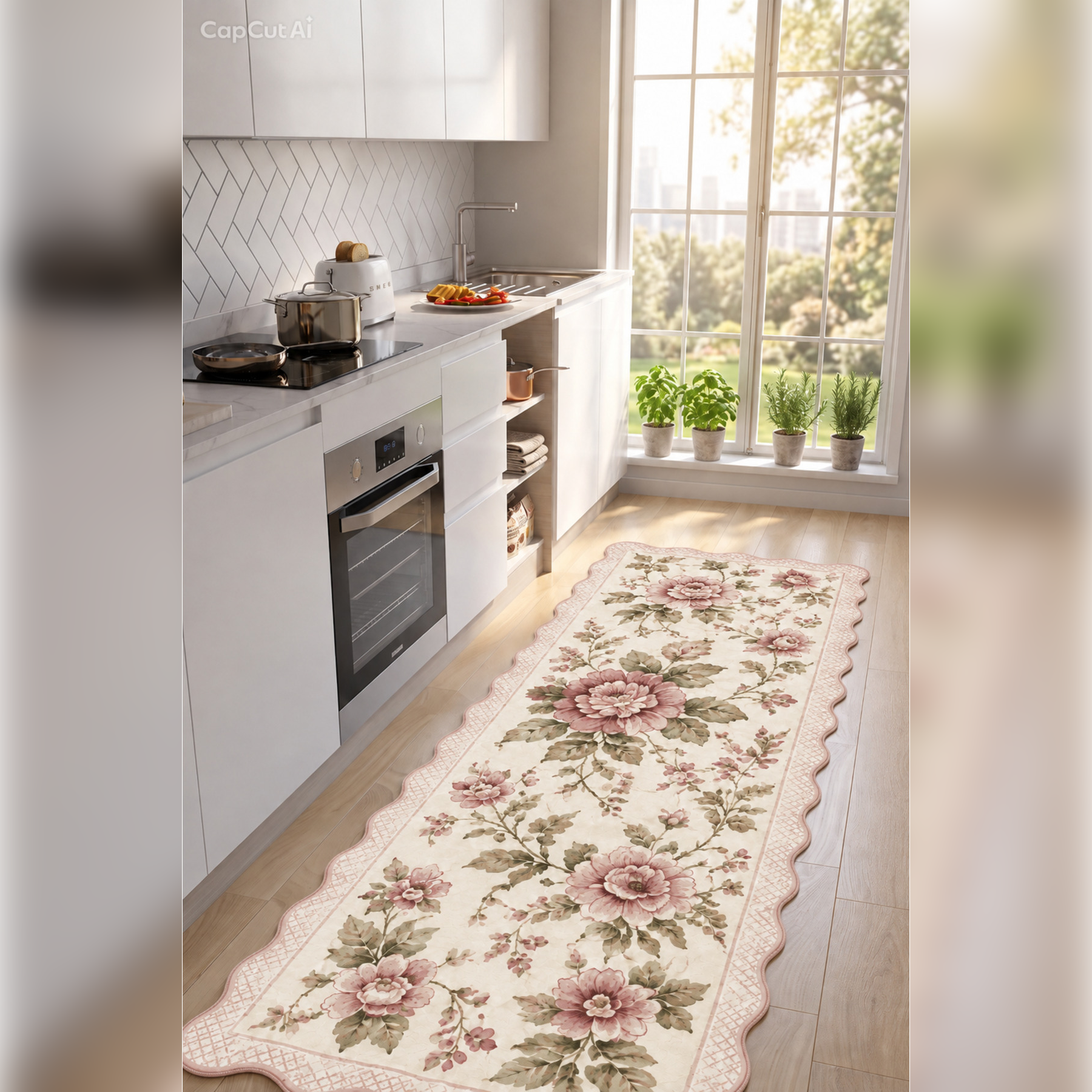 Botanica Luxe Collection English Rose Kişiye Özel Üretim Dekoratif Kaymaz Taban MUTFAK Halısı – Dijital Baskı, Yıkanabilir, Farklı Ölçü Seçenekleri