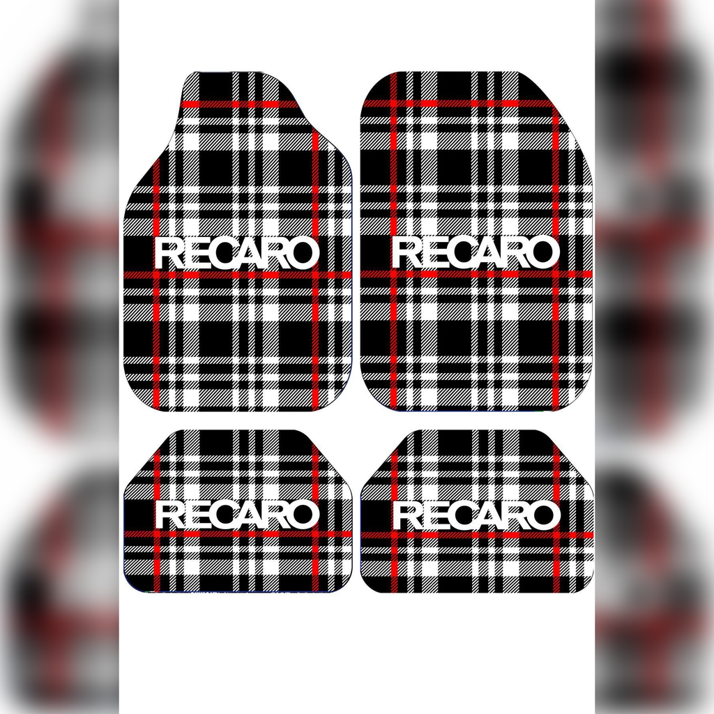 RECARO Temalı Siyah Beyaz Kırmızı Ekose – Kişiye Özel Tasarım Araç İçi Oto Paspası 4'lü Set – Universal Tüm Araç Modellerine Uyumlu, Kaymaz DOT Taban