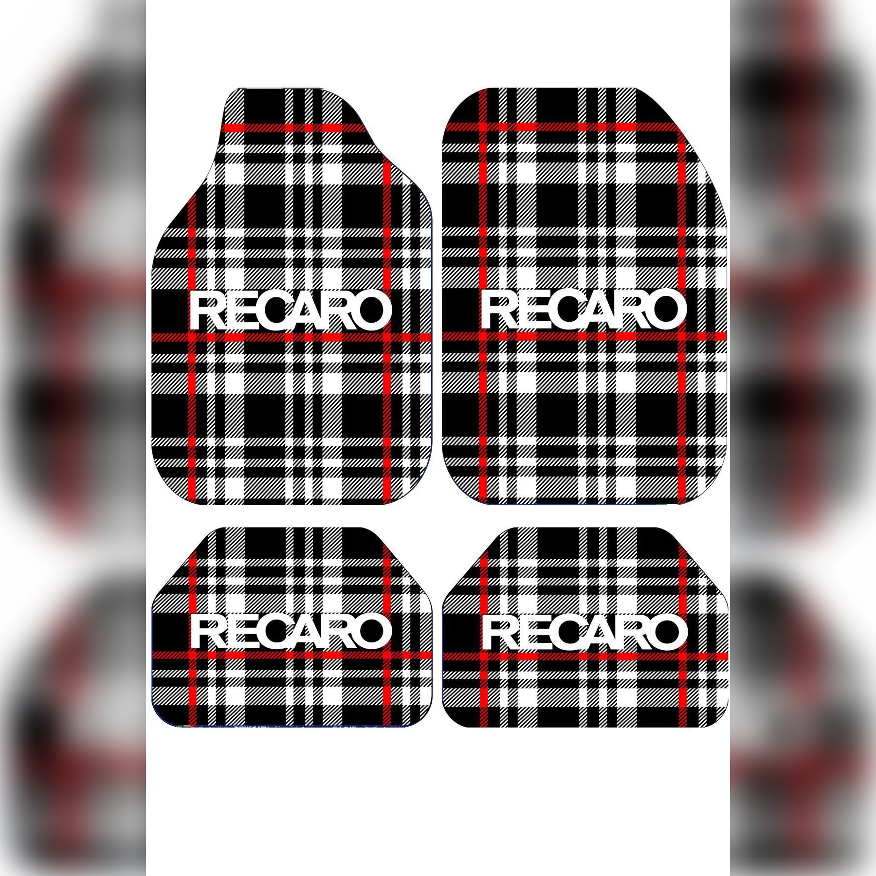 RECARO Temalı Siyah Beyaz Kırmızı Ekose – Kişiye Özel Tasarım Araç İçi Oto Paspası 4'lü Set – Universal Tüm Araç Modellerine Uyumlu, Kaymaz DOT Taban