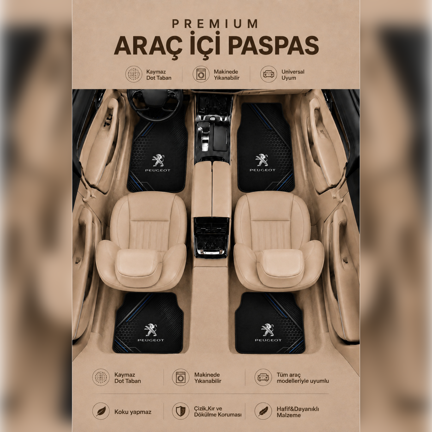 Peugeot Temalı Universal Premium Araç İçi Oto Paspası 4'lü Set – Tüm Araç Modellerine Uygun – Kaymaz DOT Taban