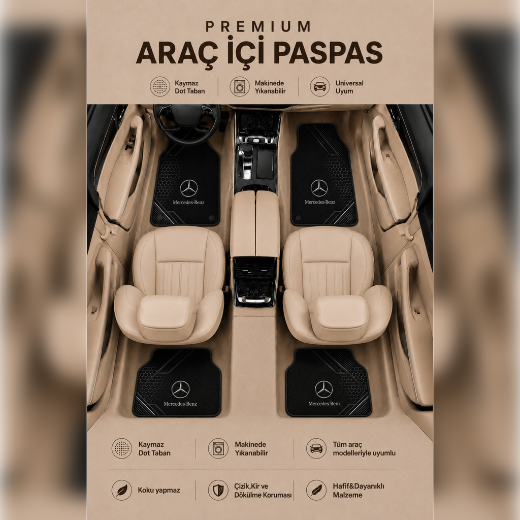 Mercedes Tasarımlı Universal Premium Araç İçi Oto Paspası 4'lü Set – Tüm Araç Modellerine Uyumlu– Tüm Araç Modellerine Uyumlu-Kaymaz DOT Taban