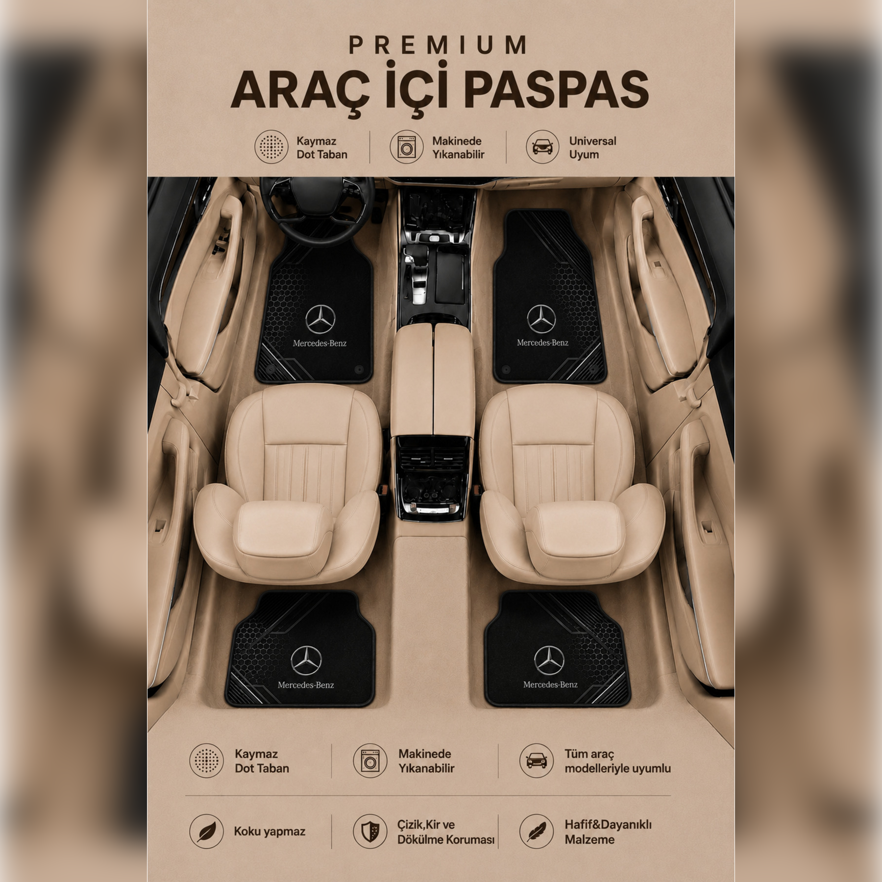 Mercedes Tasarımlı Universal Premium Araç İçi Oto Paspası 4'lü Set – Tüm Araç Modellerine Uyumlu– Tüm Araç Modellerine Uyumlu-Kaymaz DOT Taban