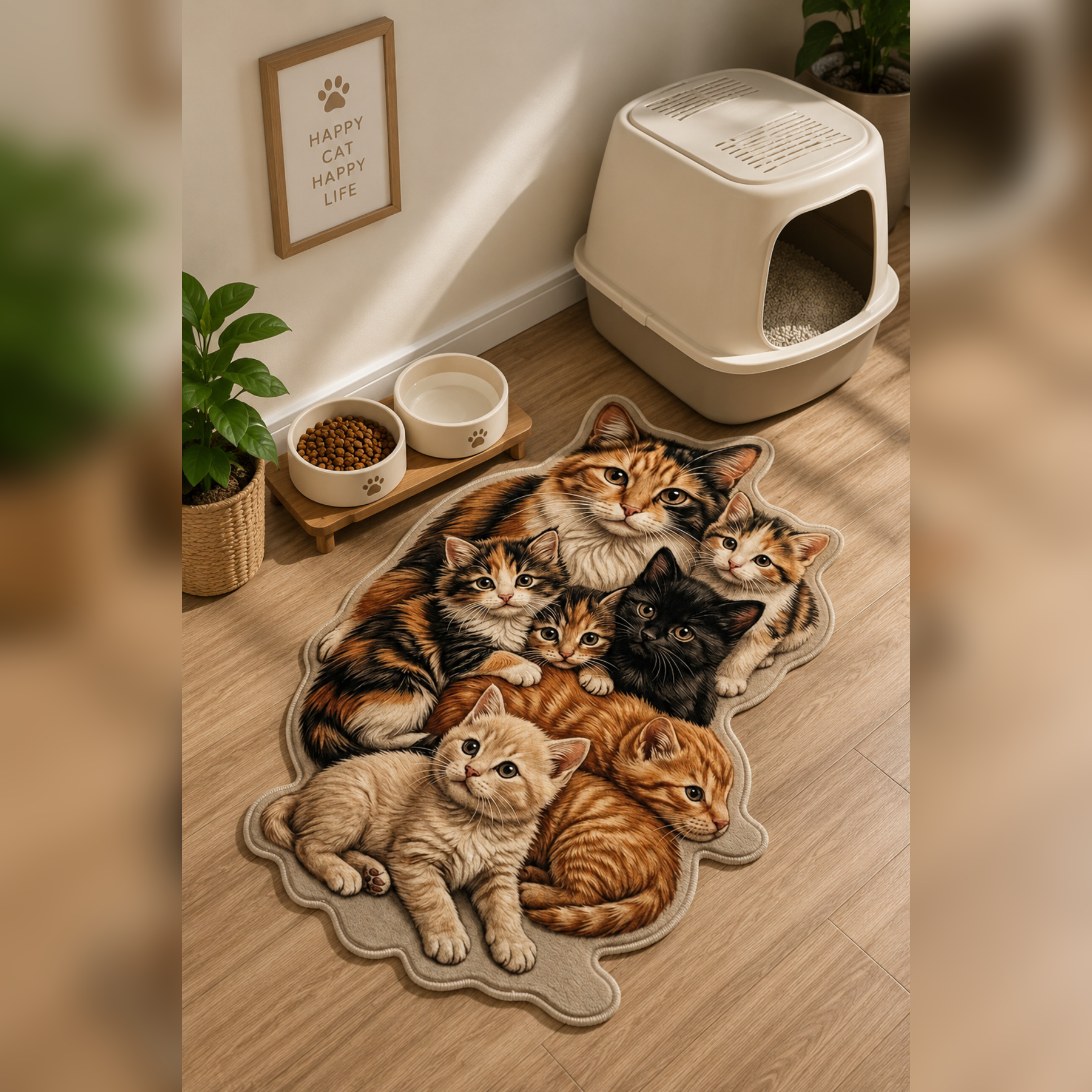 Dijital Baskılı Kaymaz Taban Yıkanabilir Renkli Kedi figürlü asimetrik kesim evcil hayvan mama paspası 60x90cm
