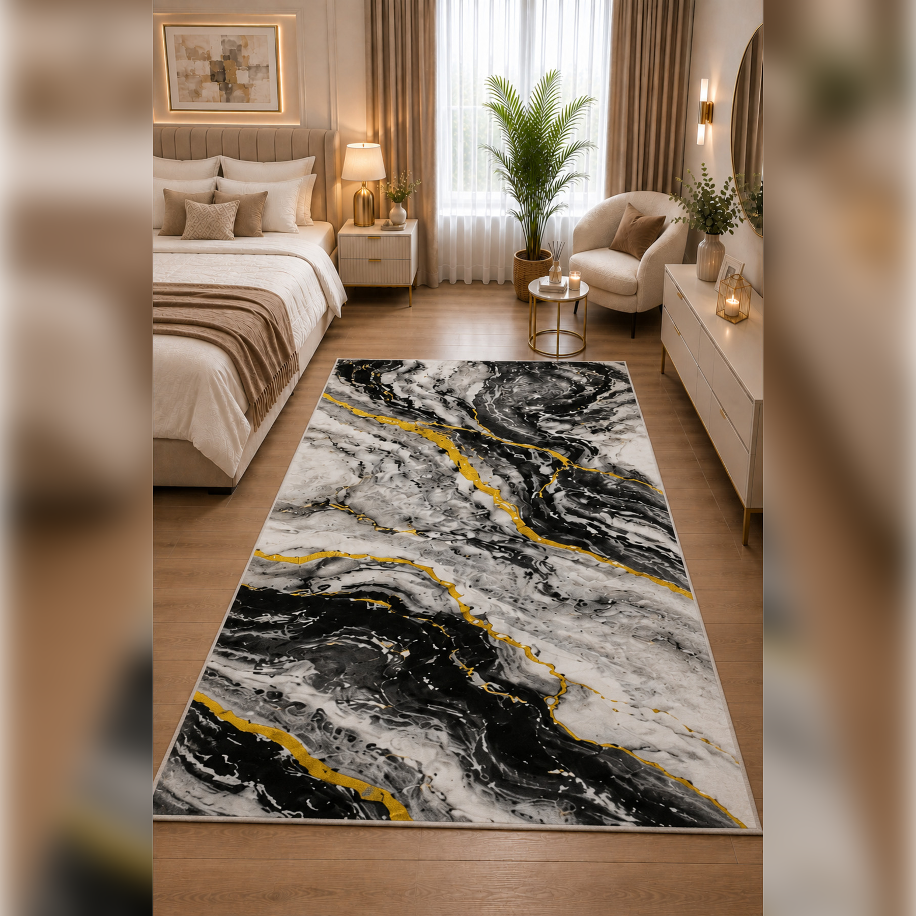 GILDED MARBLE COLLECTION Kişiye Özel Üretim Dekoratif Kaymaz Taban Mutfak-Salon-Hol-Yatak odası-Genç Odası Halısı – Dijital Baskı Yıkanabilir – Farklı Ölçü Seçenekleri