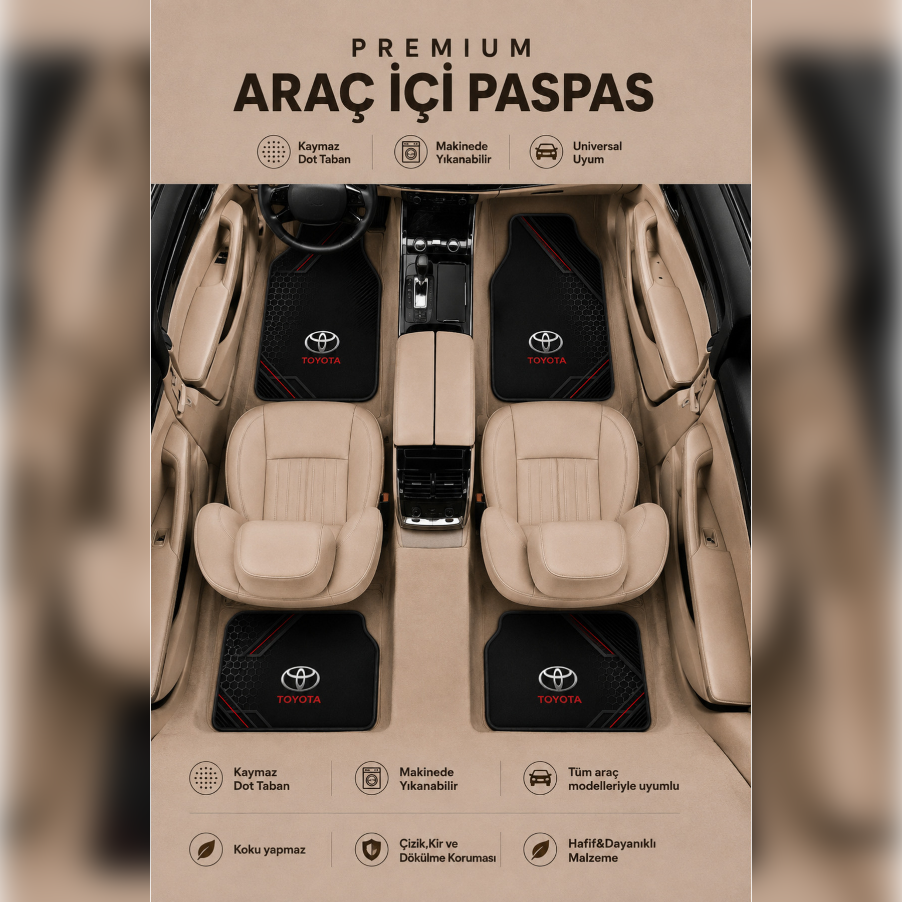 Toyota Uyumlu Universal Premium Araç İçi Oto Paspası 4'lü Set – Tüm Araç Modellerine Uyumlu-Kaymaz DOT Taban