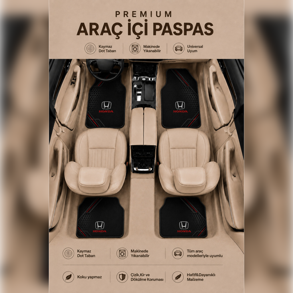 Honda Tasarımlı Universal Premium Araç İçi Oto Paspası 4'lü Set – Tüm Araç Modellerine Uyumlu-Kaymaz DOT Taban
