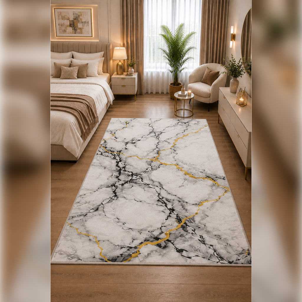 GILDED MARBLE COLLECTION Kişiye Özel Üretim Dekoratif Kaymaz Taban Mutfak-Salon-Hol-Yatak odası-Genç Odası Halısı – Dijital Baskı Yıkanabilir – Farklı Ölçü Seçenekleri