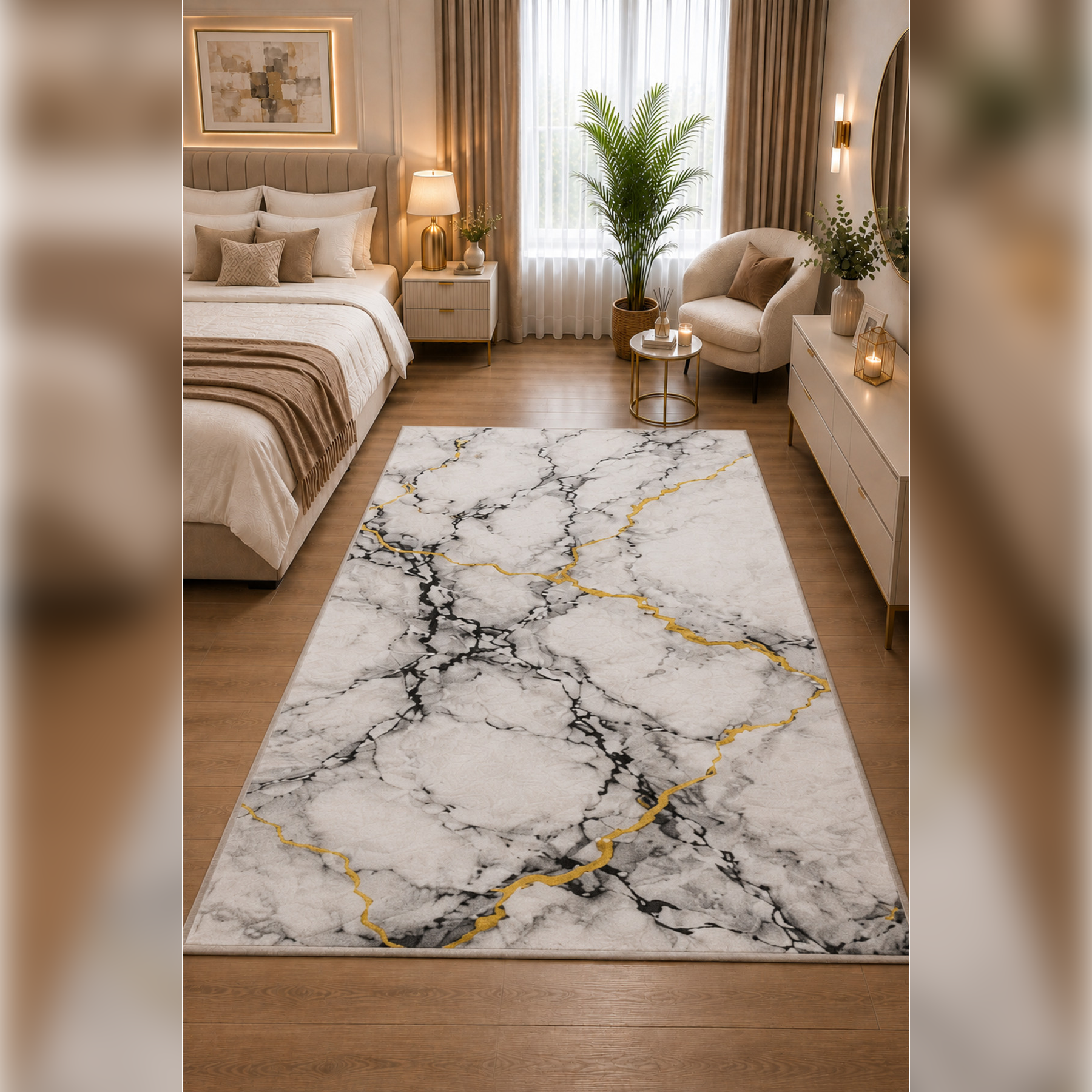 GILDED MARBLE COLLECTION Kişiye Özel Üretim Dekoratif Kaymaz Taban Mutfak-Salon-Hol-Yatak odası-Genç Odası Halısı – Dijital Baskı Yıkanabilir – Farklı Ölçü Seçenekleri