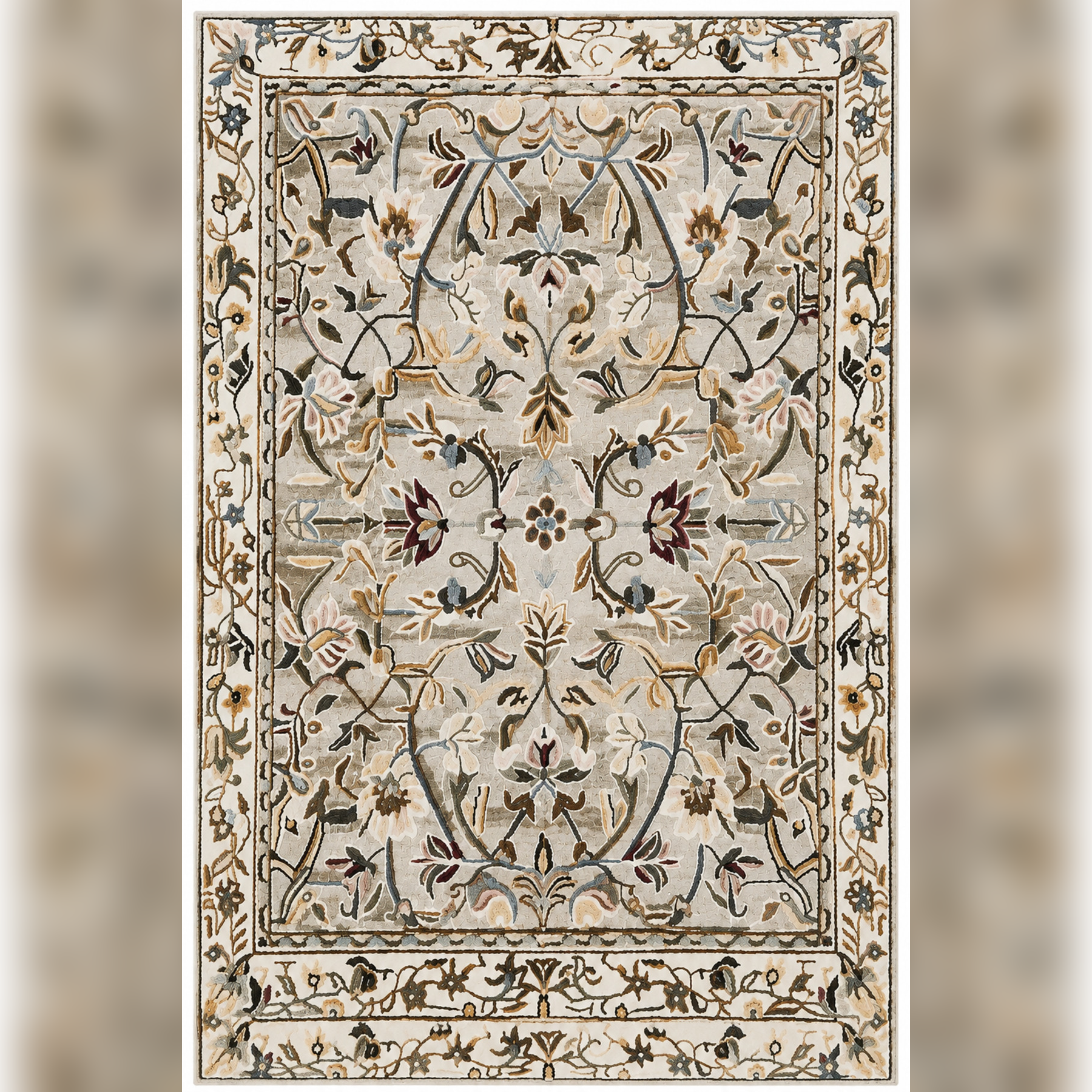Home Royal Magnolia Krem Çiçek Desenli Modern Kaymaz Dijital Baskı Halı