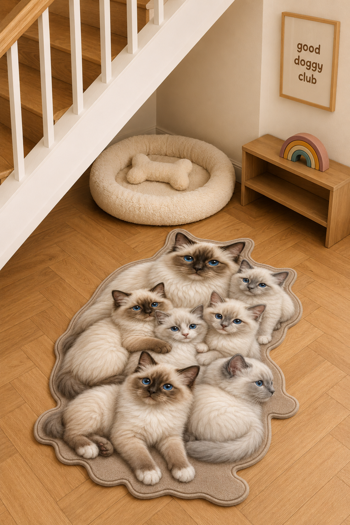 Ragdoll Krem-Kahverengi Kedi Figürlü Mama Halısı ve Paspası, Kaymaz Yıkanabilir, Farklı Ölçü - oda mock-up görseli