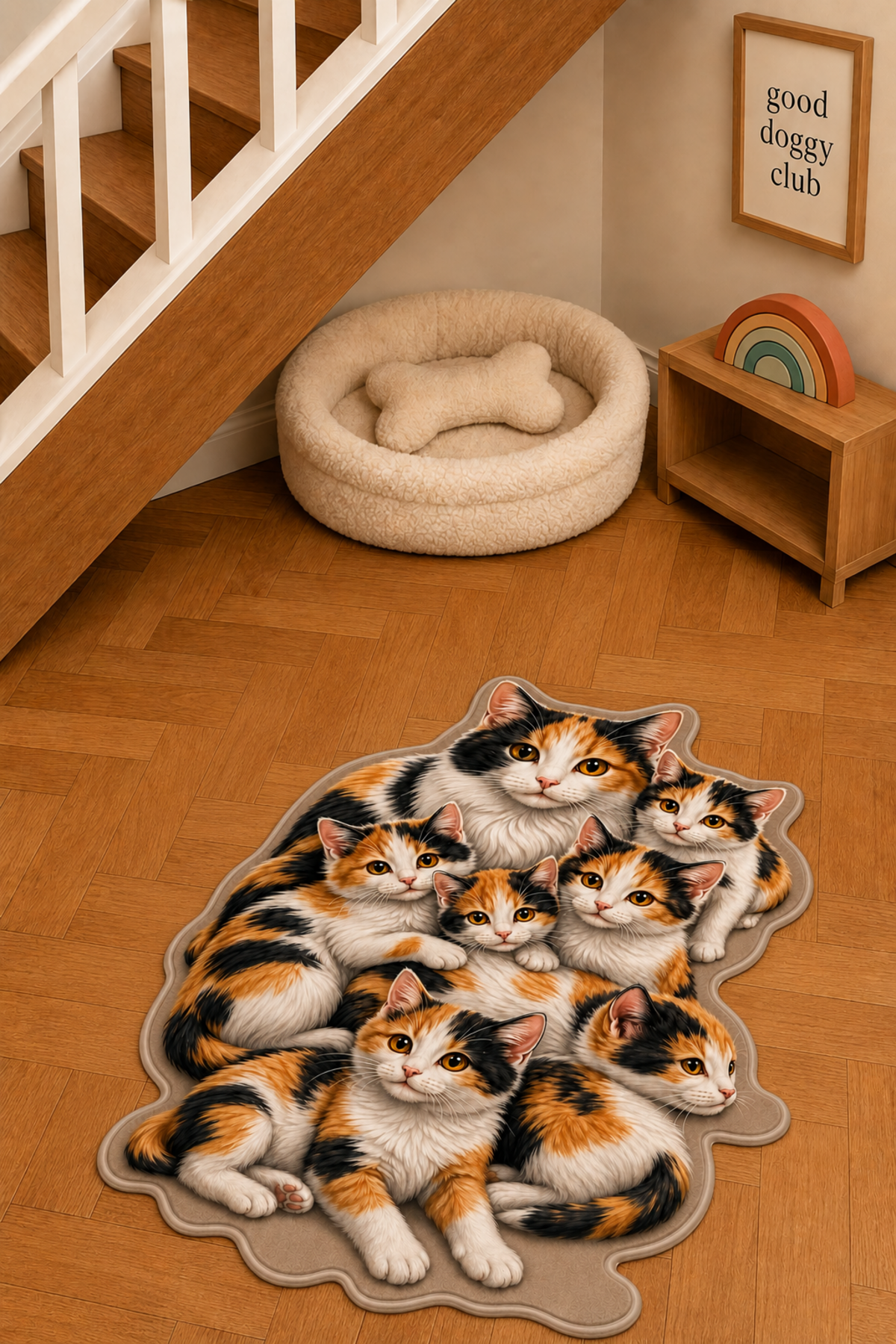 Calico (Patiska) Çok Renkli Kedi Figürlü Mama Halısı ve Paspası, Kaymaz Yıkanabilir, Farklı Ölçü - oda mock-up görseli
