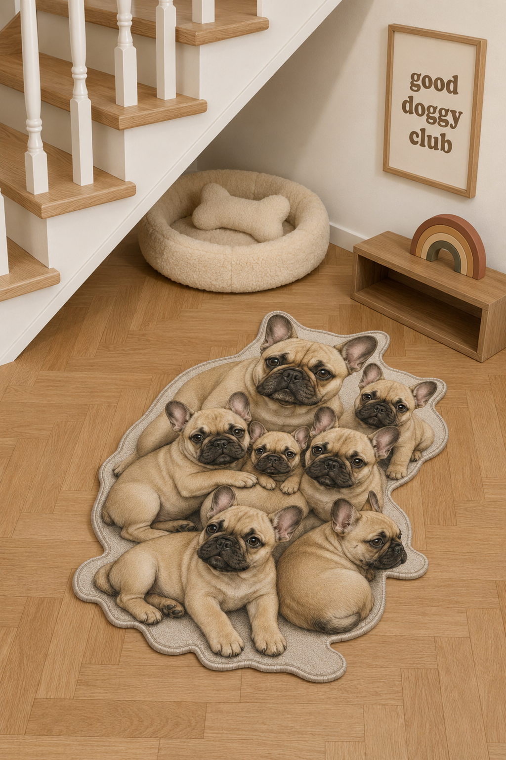 Fransız Bulldog Krem Köpek Figürlü Mama Halısı ve Paspası, Kaymaz Yıkanabilir, Farklı Ölçü - oda mock-up görseli