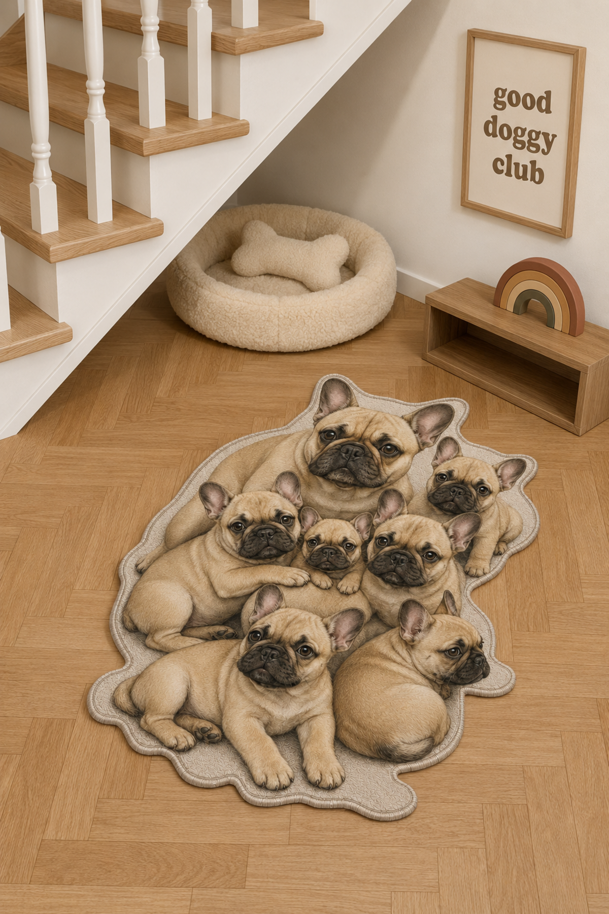 Fransız Bulldog Krem Köpek Figürlü Mama Halısı ve Paspası, Kaymaz Yıkanabilir, Farklı Ölçü - oda mock-up görseli