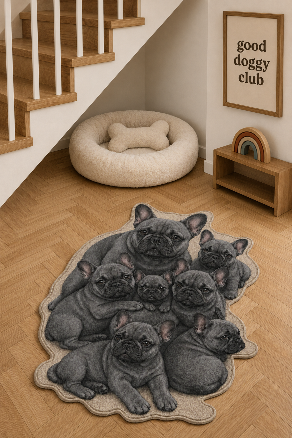 Fransız Bulldog Mavi-Gri Köpek Figürlü Mama Halısı ve Paspası, Kaymaz Yıkanabilir, Farklı Ölçü - oda mock-up görseli