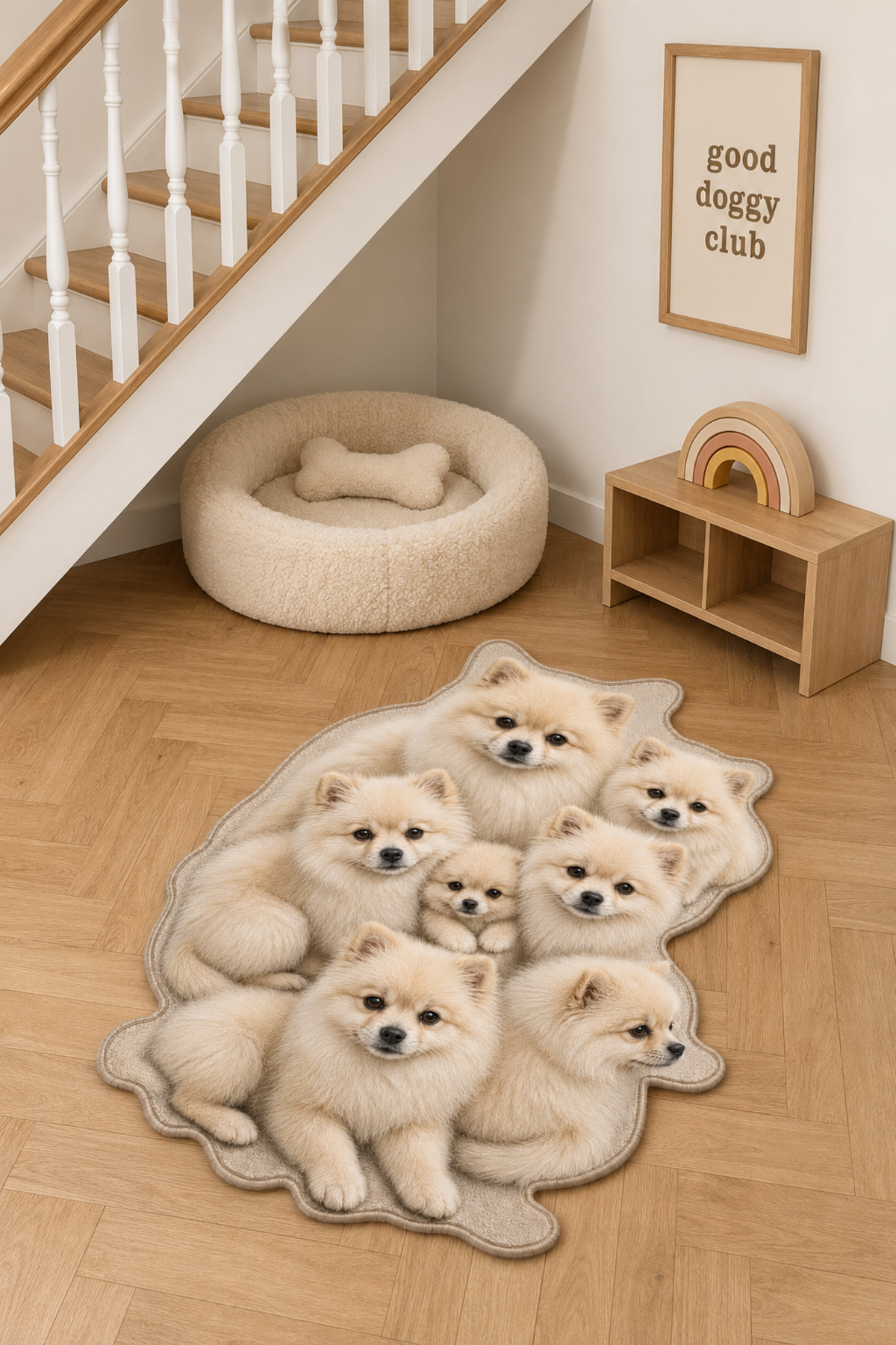 Pomeranian Krem Köpek Figürlü Mama Halısı ve Paspası, Kaymaz Yıkanabilir, Farklı Ölçü - oda mock-up görseli