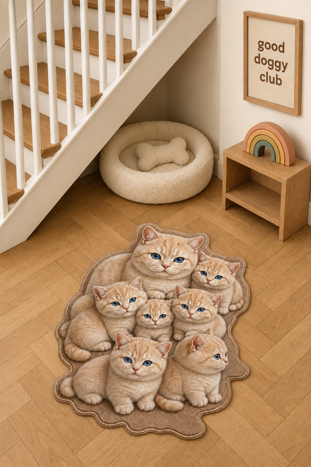 Munchkin Turuncu Mavi Gözlü Kedi Figürlü Mama Halısı ve Paspası, Kaymaz Yıkanabilir, Farklı Ölçü - oda mock-up görseli