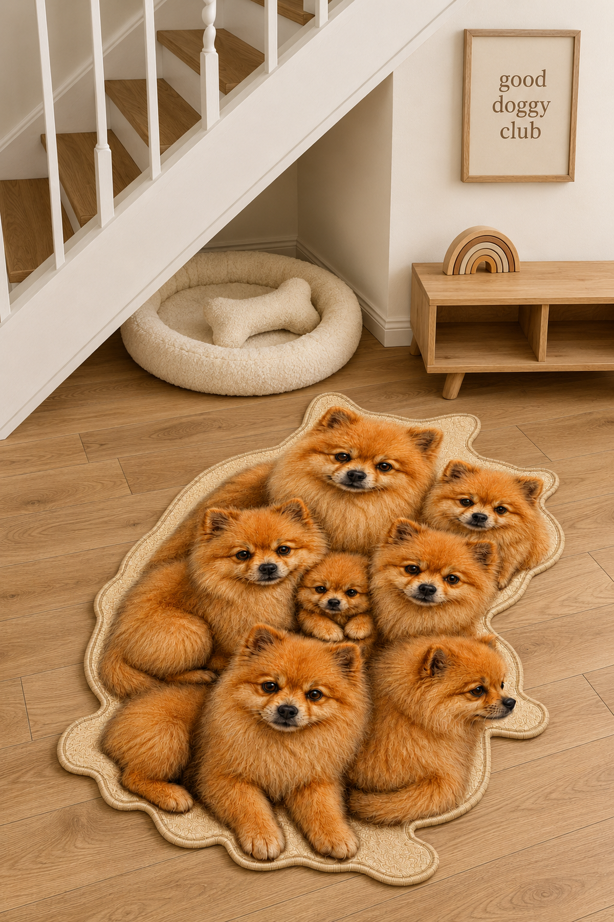 Pomeranian Turuncu Samur Köpek Figürlü Mama Halısı ve Paspası, Kaymaz Yıkanabilir, Farklı Ölçü - oda mock-up görseli