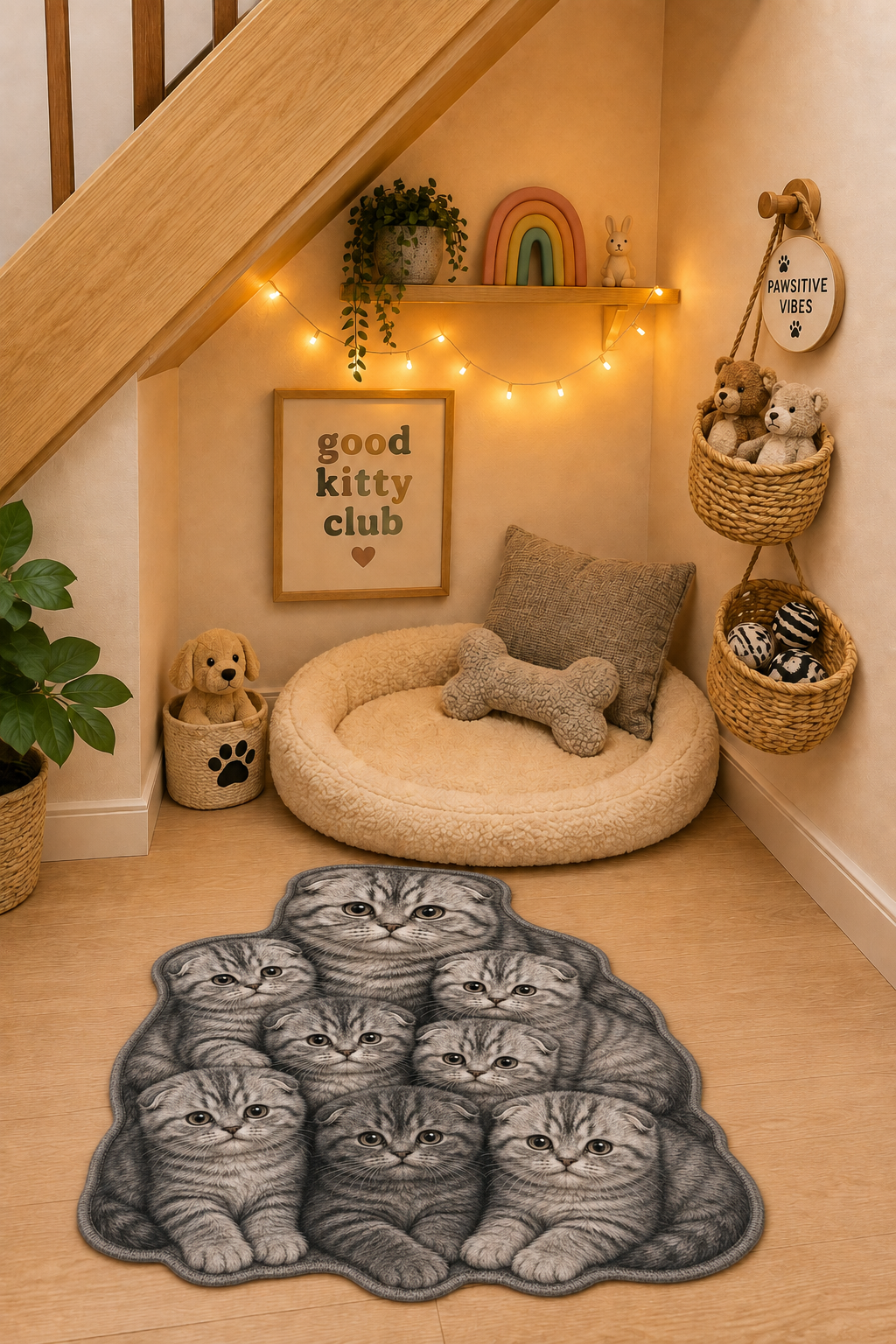 Scottish Fold Gri Kedi Figürlü Mama Halısı ve Paspası, Kaymaz Yıkanabilir, Farklı Ölçü - oda mock-up görseli