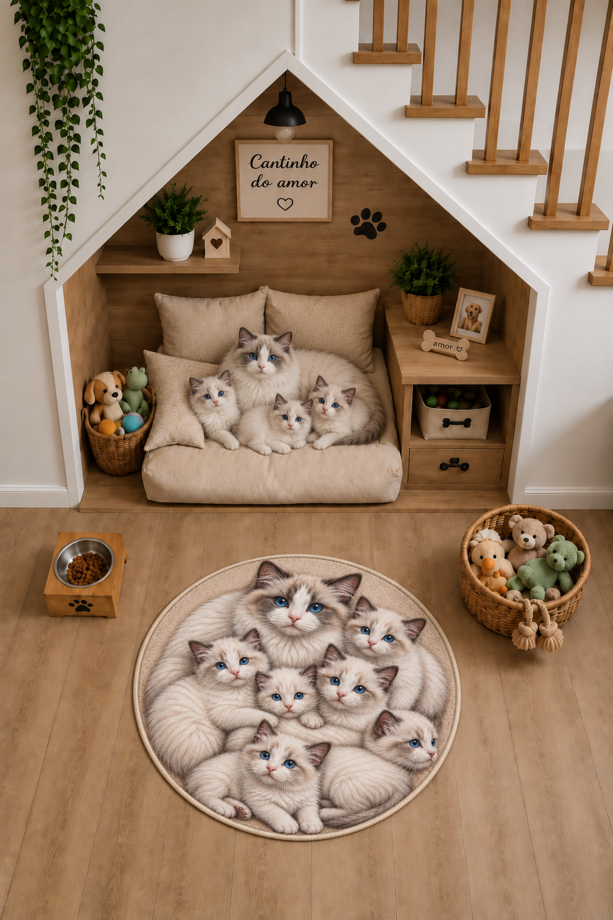 Ragdoll Kedi Ailesi yuvarlak kedi paspası oda görünümü