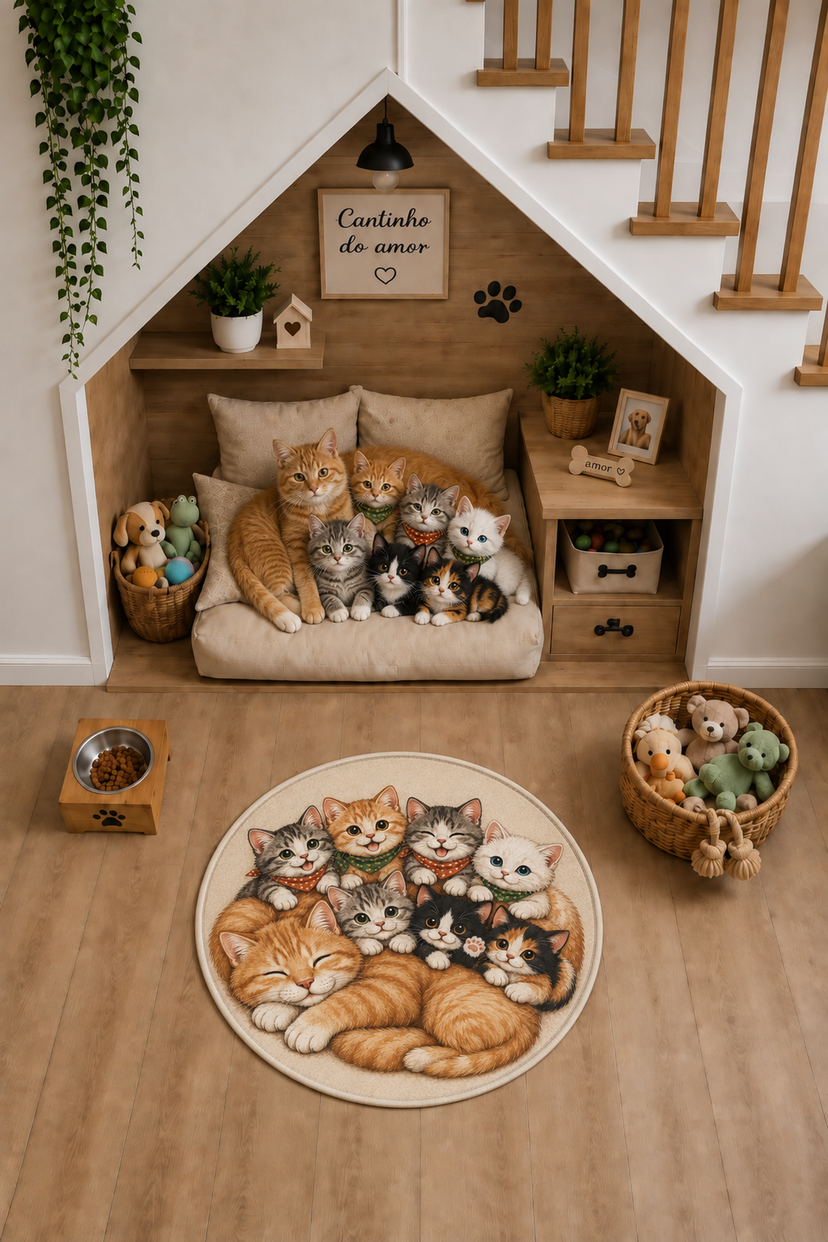 Renkli Tekir Kedi Ailesi yuvarlak kedi paspası oda görünümü