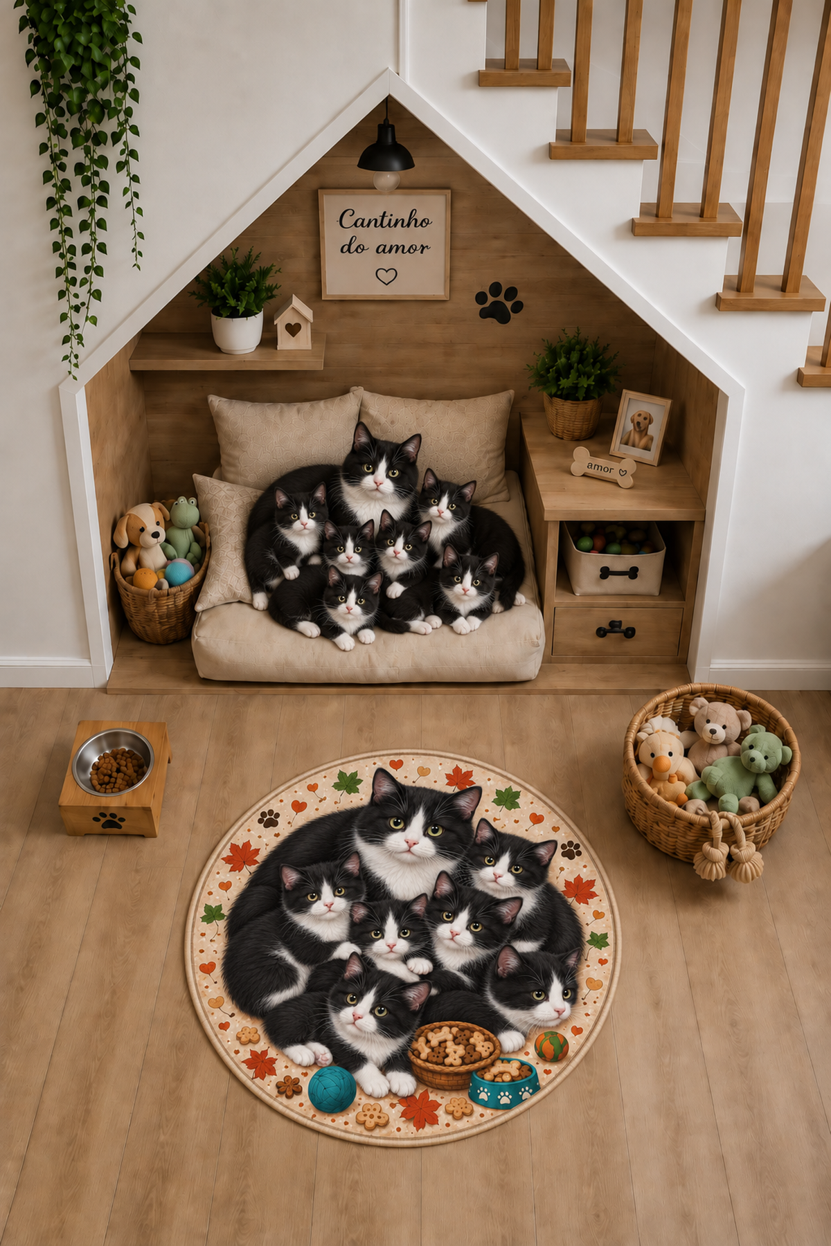 Tuxedo Kedi Ailesi yuvarlak kedi paspası oda görünümü