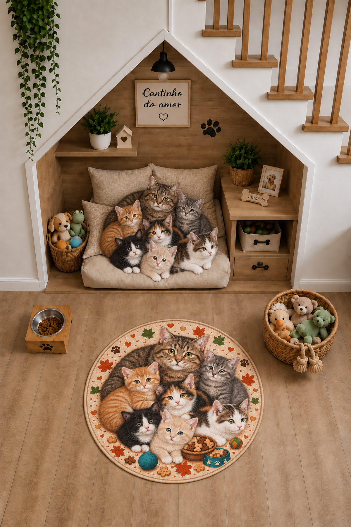Karışık Renkli Kedi Ailesi yuvarlak kedi paspası oda görünümü
