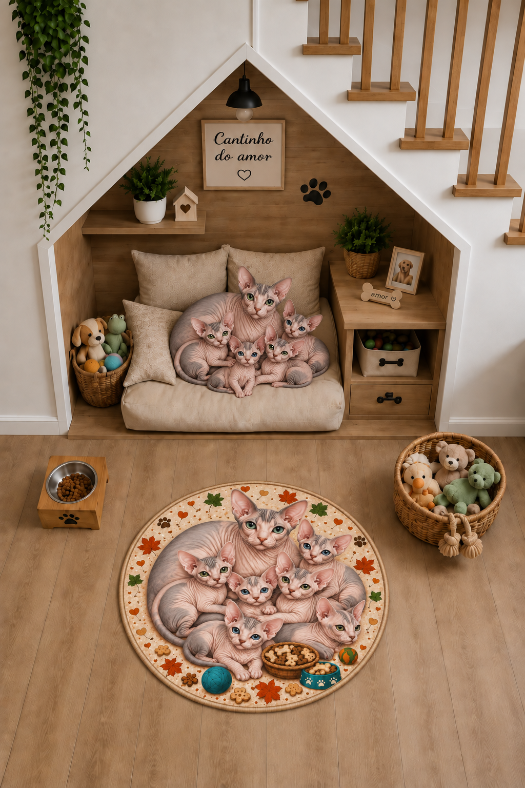 Sphynx Kedi Ailesi yuvarlak kedi paspası oda görünümü